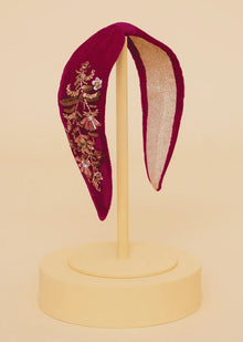  Embellished Velvet Headband, Golden Wildflowers, Fuchsia