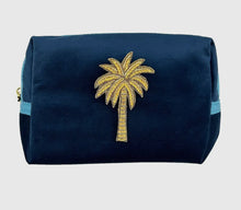  Blue make-up bag & gold palm tree - recycled velvet