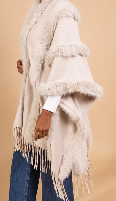 Fringed Poncho Faux Fur