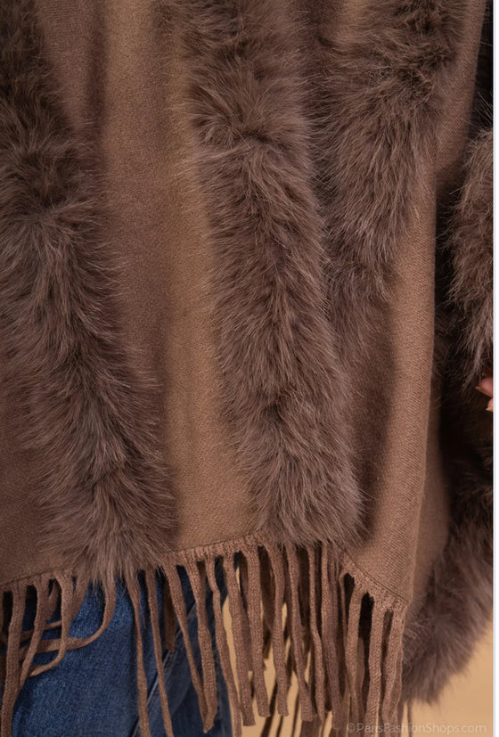 Fringed Poncho Faux Fur