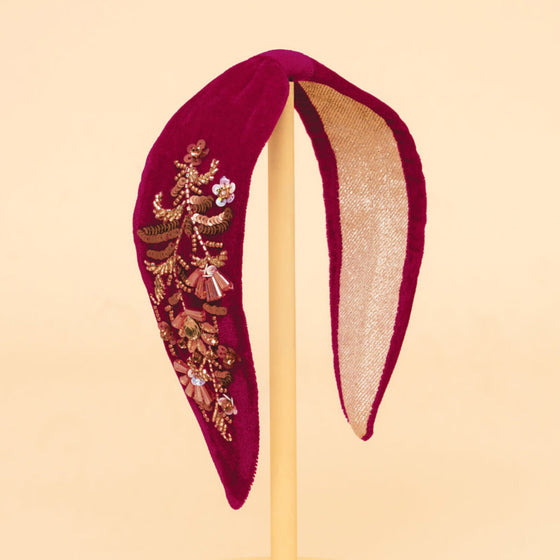 Embellished Velvet Headband, Golden Wildflowers, Fuchsia