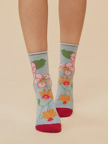  Ladies Ankle Socks - Tropical Floral Ice - Powder Design