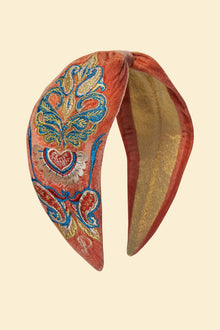  Velvet Embroidered Headband - Mediterranean Paisley in Coral