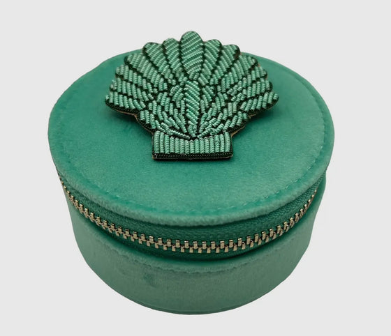 Jewellery travel pot in marine with a mint shell brooch - recycled velvet - Sixton London