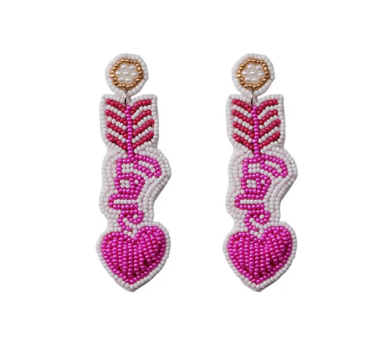 Beaded Elegance Pink Heart Drop Earrings