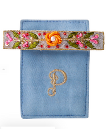  Embroidered Barette Denim Floral Vine