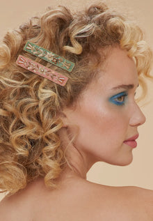  Ladies Jewelled Hair Clip Narrow Bar Coral & Green Garland By Powder Design