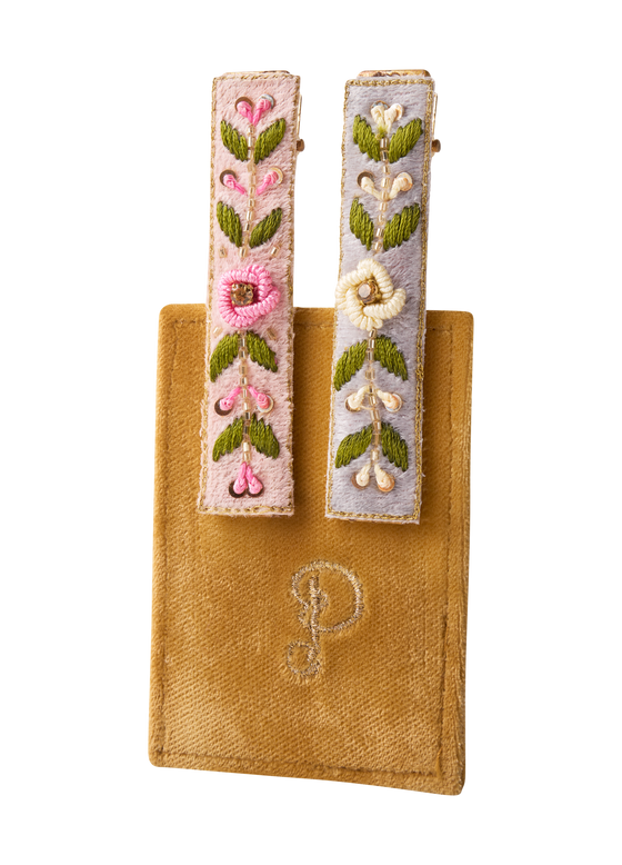 Embroidered Hair Bars Blue Floral