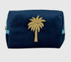 Blue make-up bag & gold palm tree - recycled velvet
