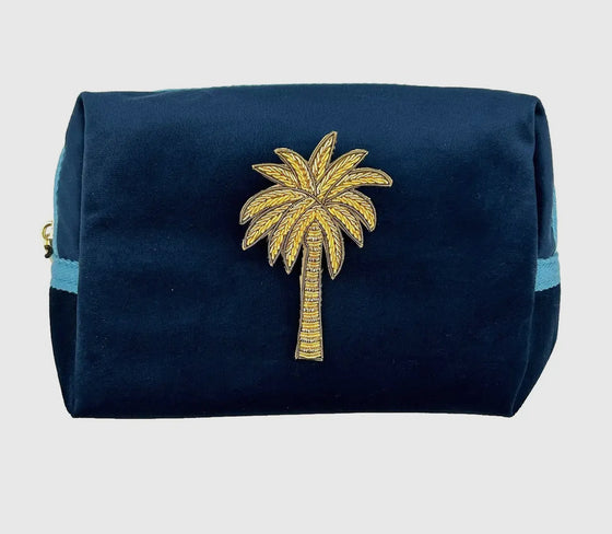 Blue make-up bag & gold palm tree - recycled velvet