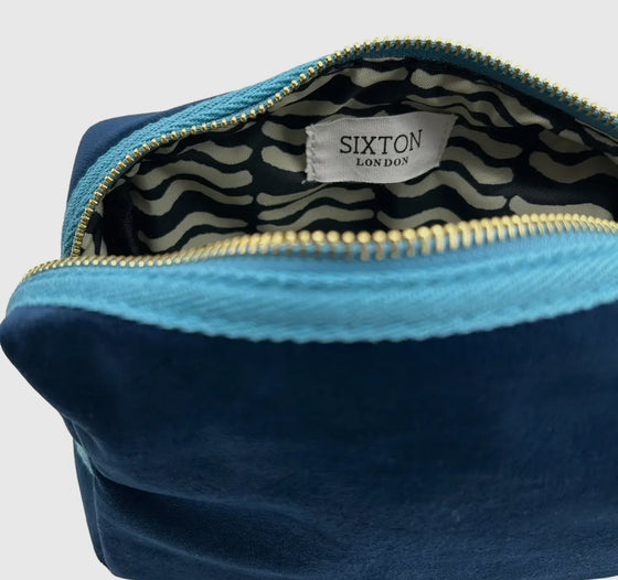 Blue make-up bag & gold palm tree - recycled velvet