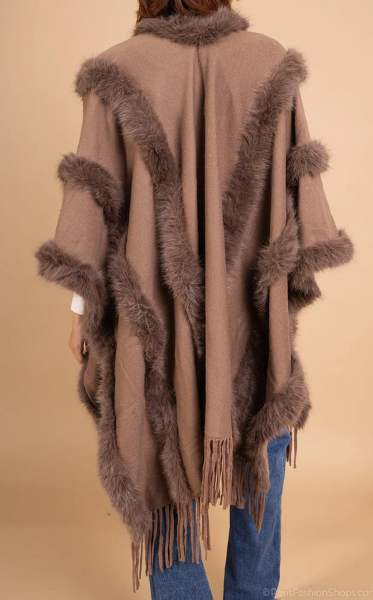 Fringed Poncho Faux Fur