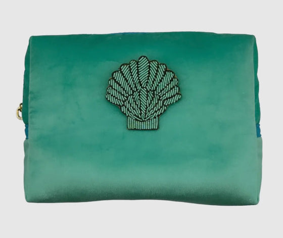 Marine make-up bag & mint shell brooch - recycled velvet