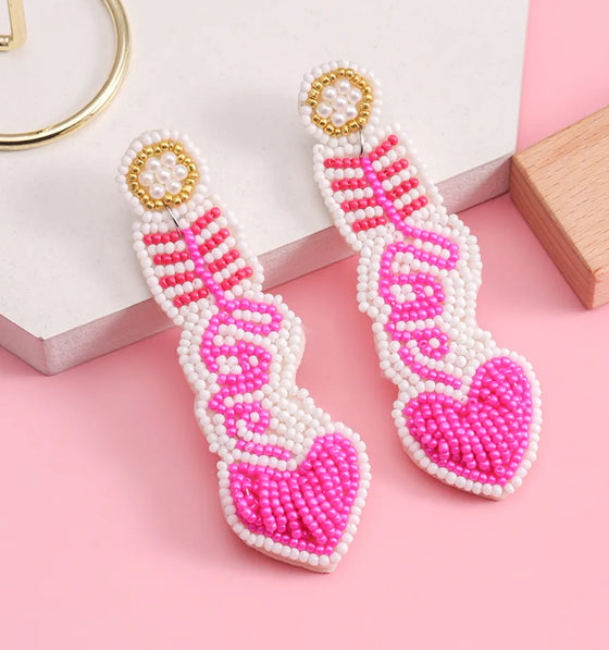 Beaded Elegance Pink Heart Drop Earrings