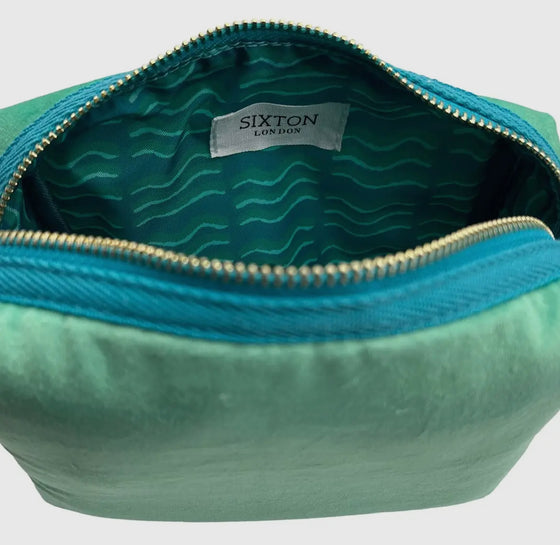 Marine make-up bag & mint shell brooch - recycled velvet