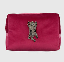  Bright pink make-up bag & tiger body pin - recycled velvet