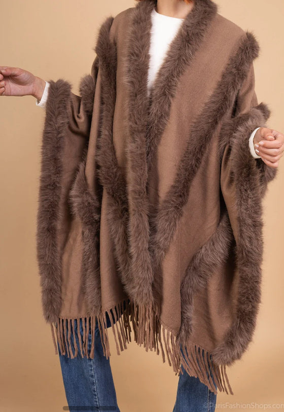 Fringed Poncho Faux Fur
