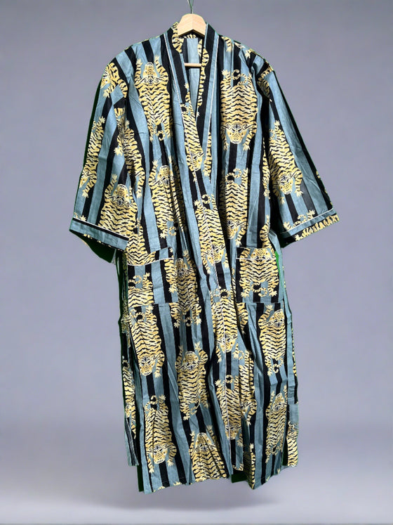 Blue Striped Chrouching Tiger Cotton Kimono