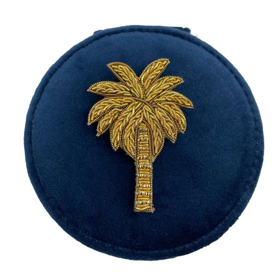 Jewellery travel pot in recycled velvet, blue with a palm tree pin