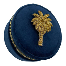  Jewellery travel pot in recycled velvet, blue with a palm tree pin