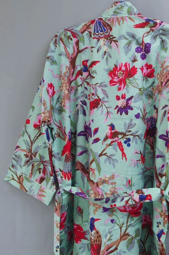 Pista Green Tropical Birds Print Handmade Cotton Kimono Gown