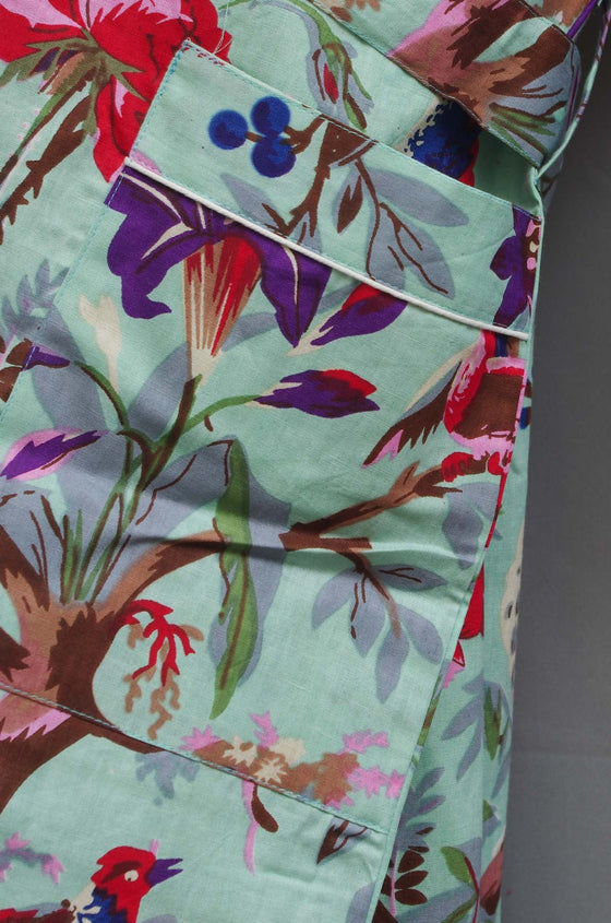 Pista Green Tropical Birds Print Handmade Cotton Kimono Gown