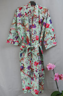 Pista Green Tropical Birds Print Handmade Cotton Kimono Gown