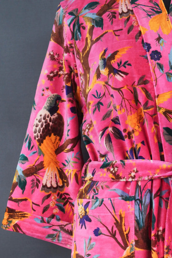 Luxury Pink Yellow Bird of Paradise Velvet Kimono Boho Robe With Lining