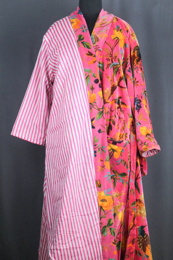Luxury Pink Yellow Bird of Paradise Velvet Kimono Boho Robe With Lining
