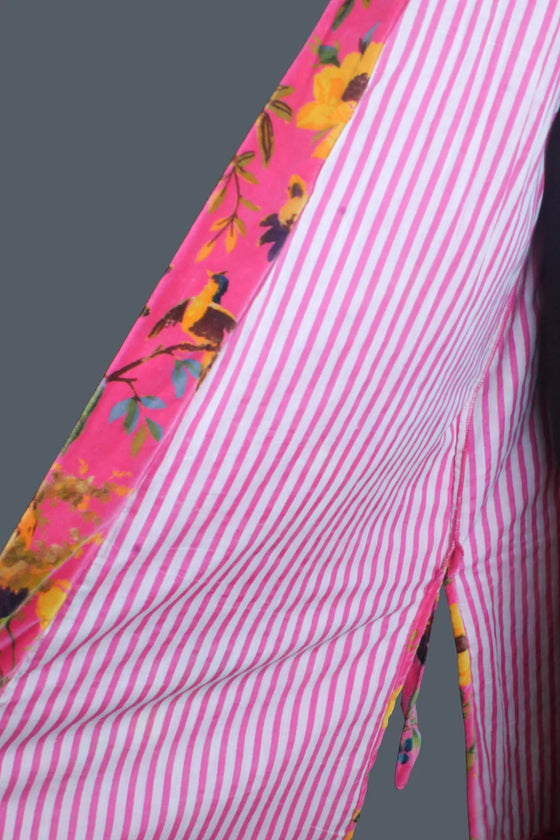 Luxury Pink Yellow Bird of Paradise Velvet Kimono Boho Robe With Lining