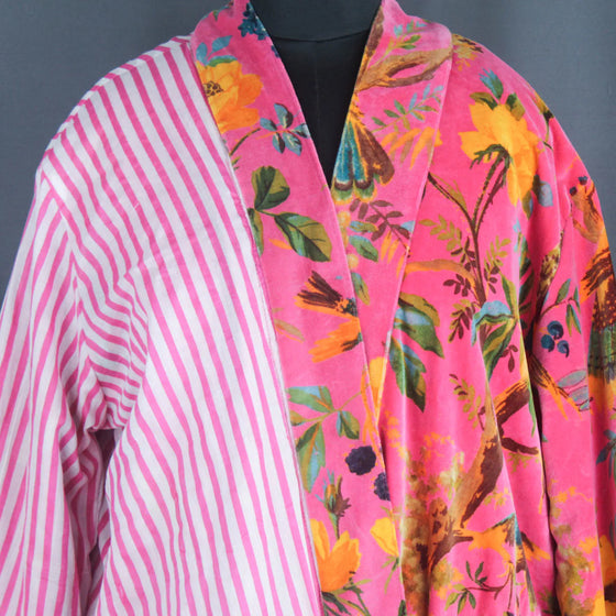 Luxury Pink Yellow Bird of Paradise Velvet Kimono Boho Robe With Lining