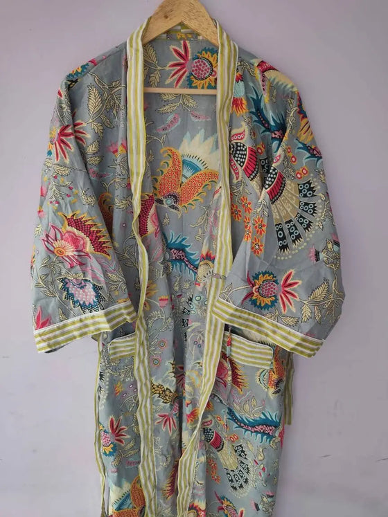 Indisk Handgjord Grå Blommig Tryck Kimono